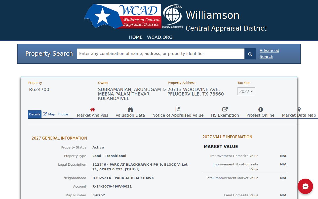 Pflugerville ZIP delivery WCAD parcel card fields